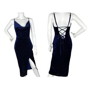 Lulus Midi Dress Velvet Lace Up Back Sparkly Whimsigoth Navy Blue Size M